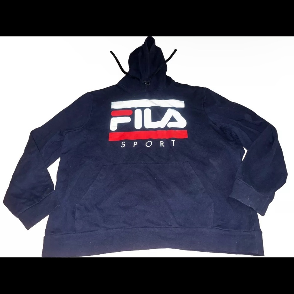 FILA Sport Hoodie Men XXL Blue White Red Spell Out Sweatshirt Fleece Pullover